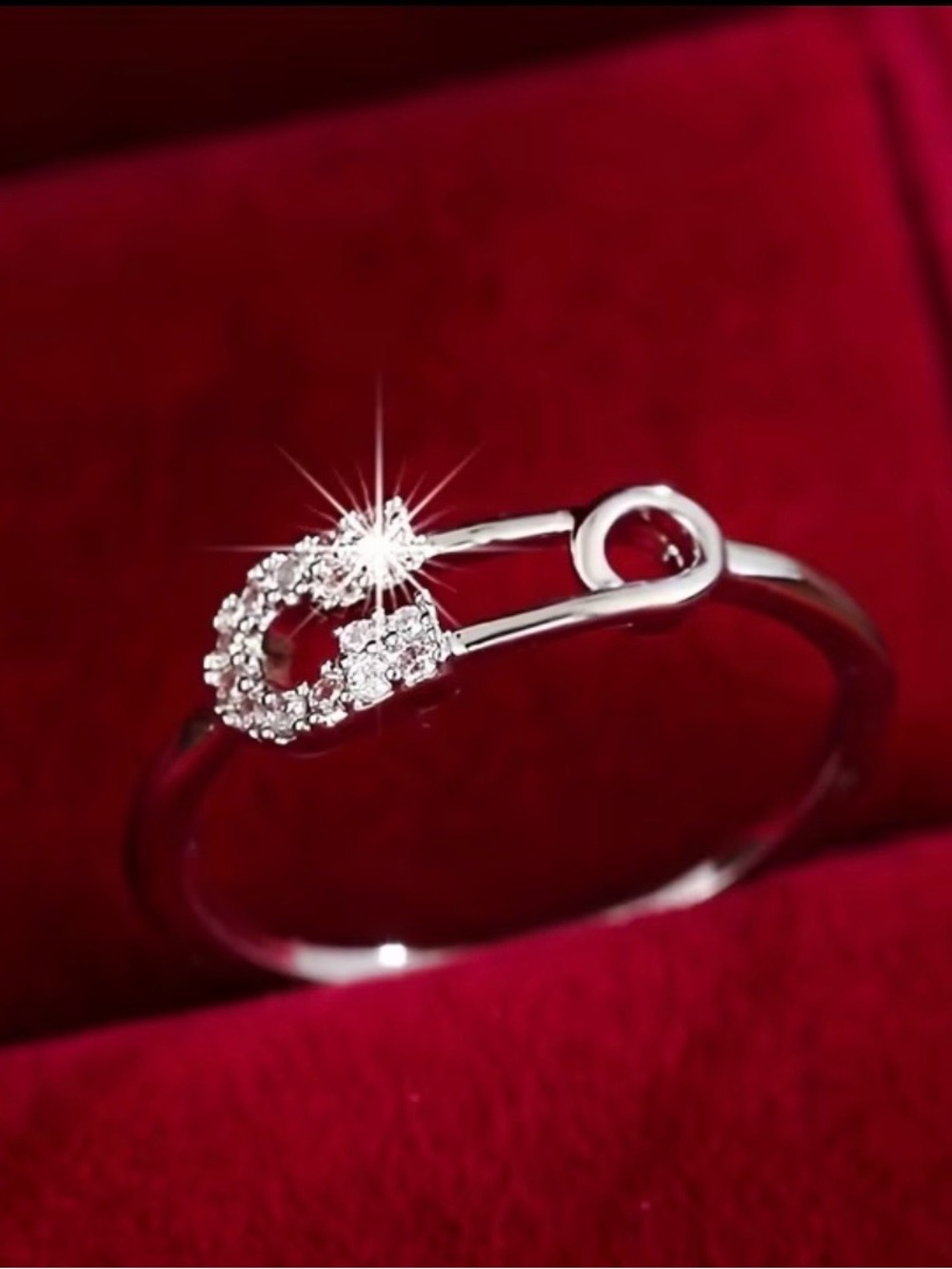 Sterling  Silver Safety Pin Ring with Cubic Zirconia Size 8